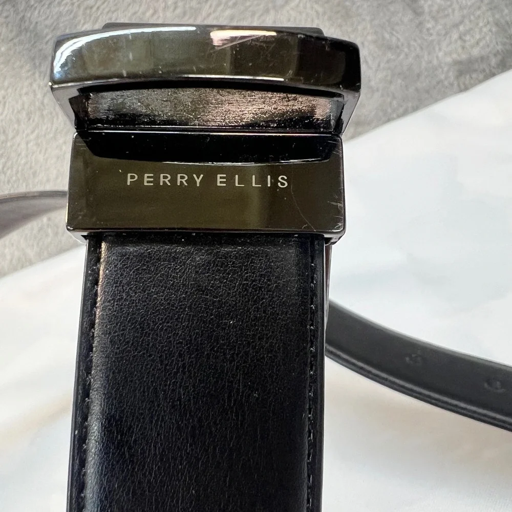 Perry Ellis Mens Reversible Belt Black Brown Gunmetal Buckle Size 36 Office Wear